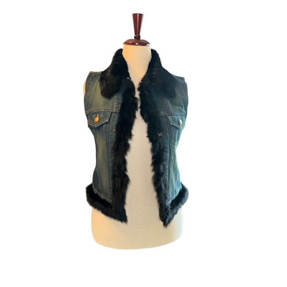Cejon Denim Vest with Black Rabbit Trim – Y2K Vintage Style Size Large - Picture 1 of 9